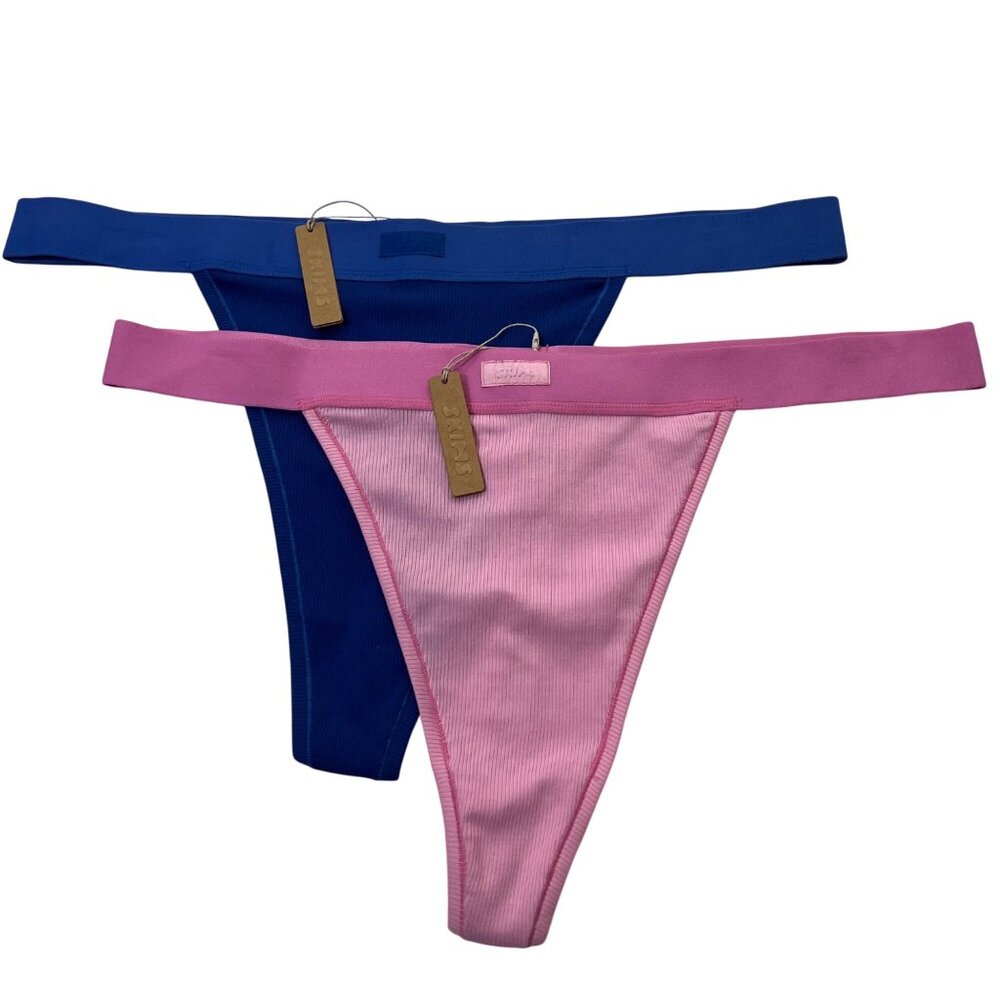 SKIMS Cotton‎ Rib Thong Lot of 2 Bubble Gum Cobalt 3X